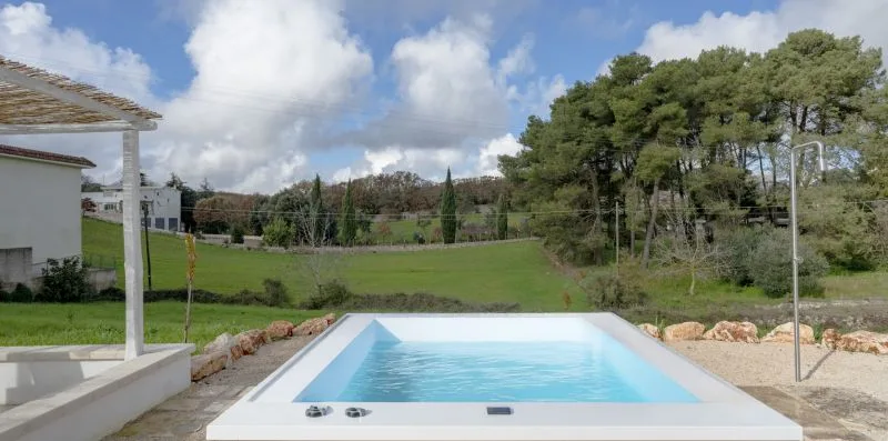 An outdoor swimming pool overlooks a grassy landscape and trees.