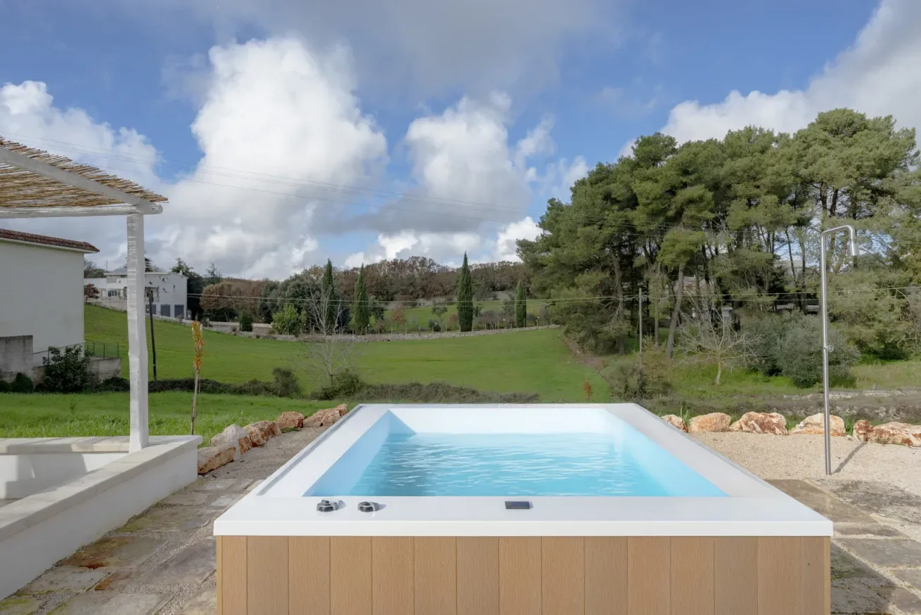 An outdoor swimming pool faces a grassy landscape and a cluster of trees.