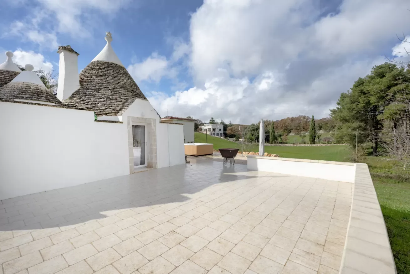A spacious paved outdoor terrace overlooks a lawn and surrounding trees.
