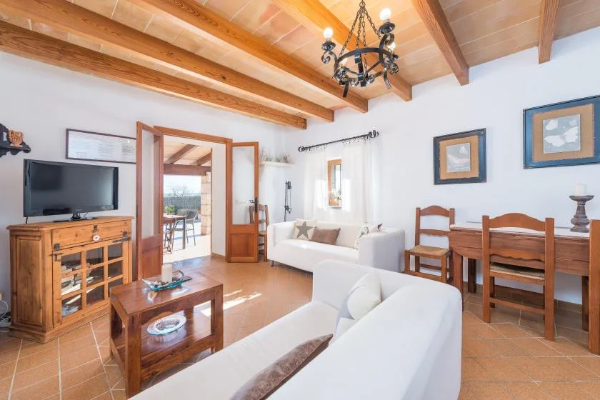A living and dining room with seating, a television, and a wooden dining table.