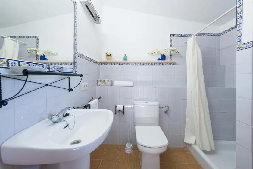 A bathroom with a sink, toilet, and shower curtain.