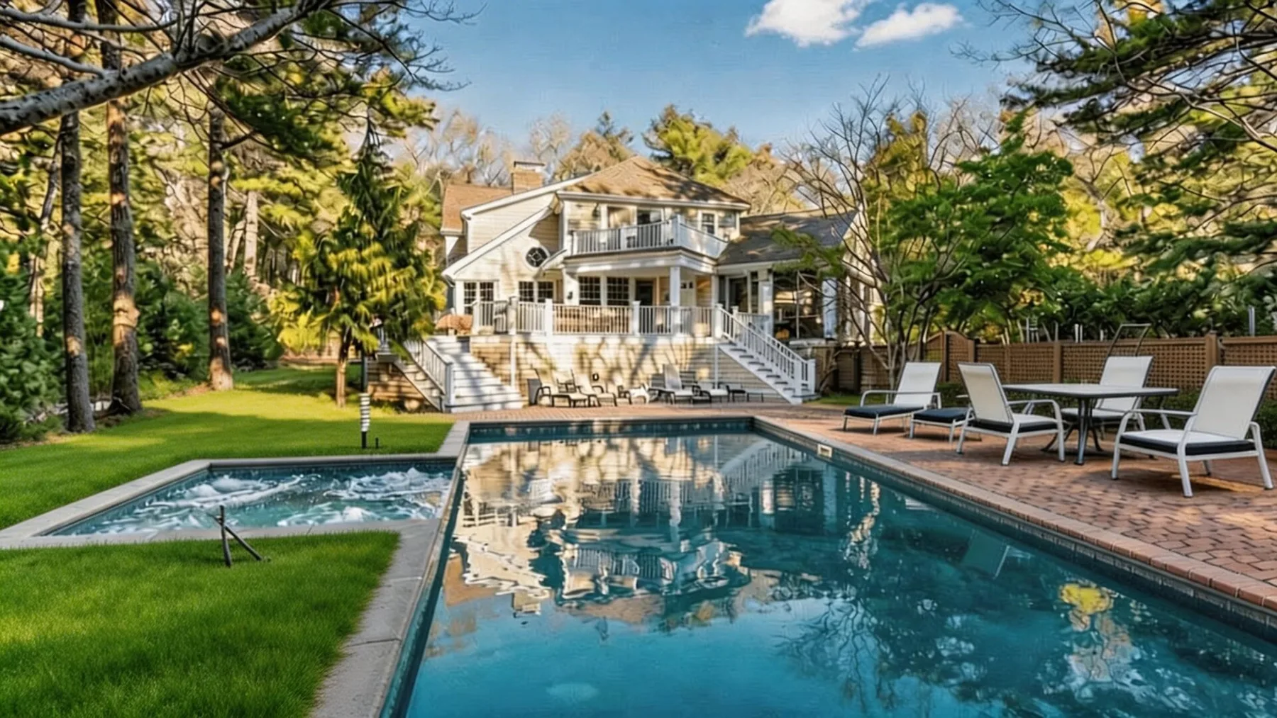 Una piscina en el patio trasero se encuentra frente a una casa grande rodeada de árboles.