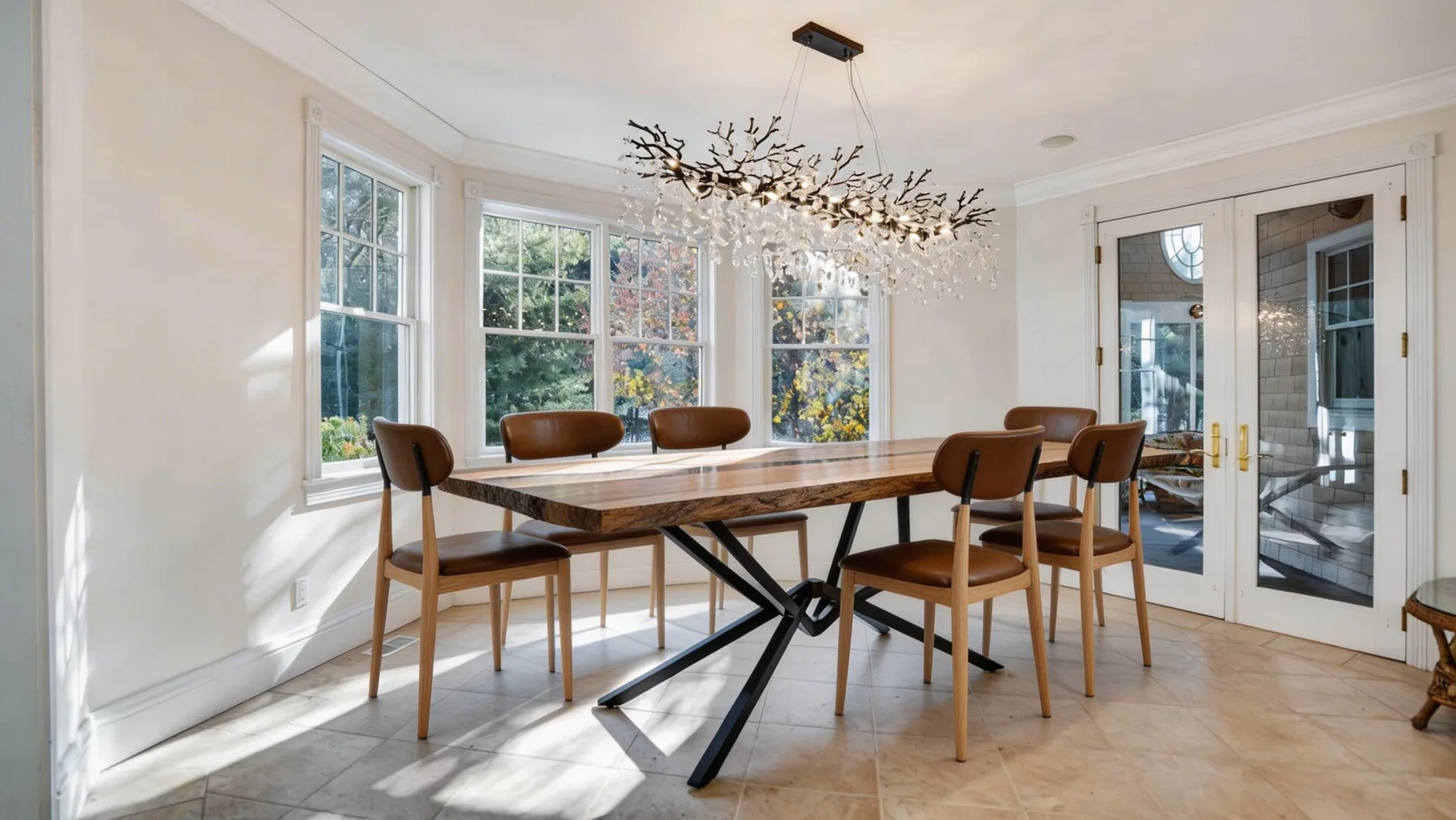 A bright dining room with a long table beneath a branching chandelier.