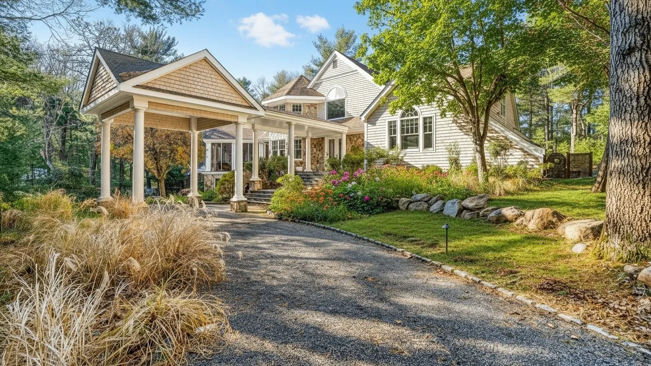 A house with a covered porch stands beside a landscaped driveway.