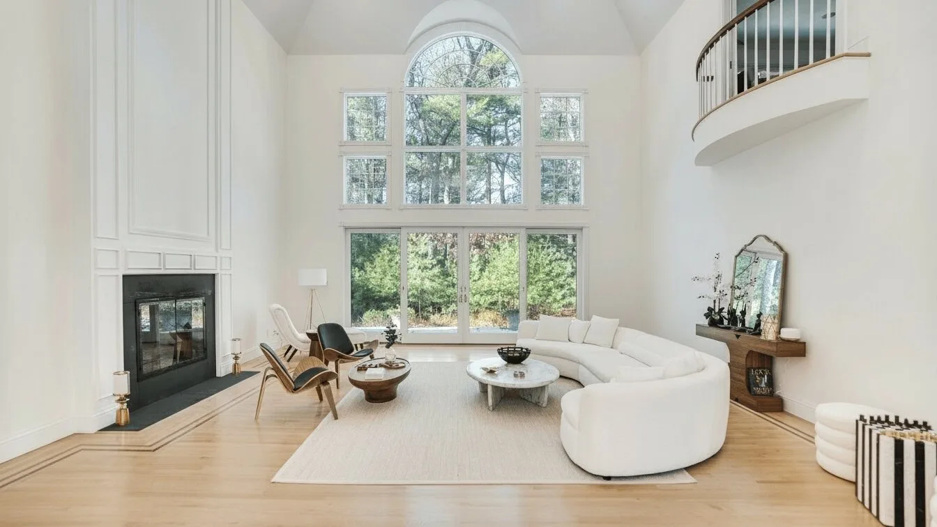 Una sala de estar luminosa con un área de asientos curva y grandes ventanas.