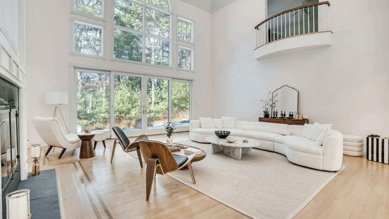 A bright living room with large windows and a curved white seating area.