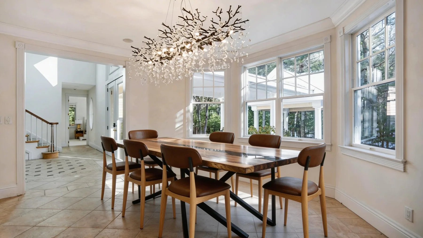 A bright dining room with a long table beneath a branching chandelier.