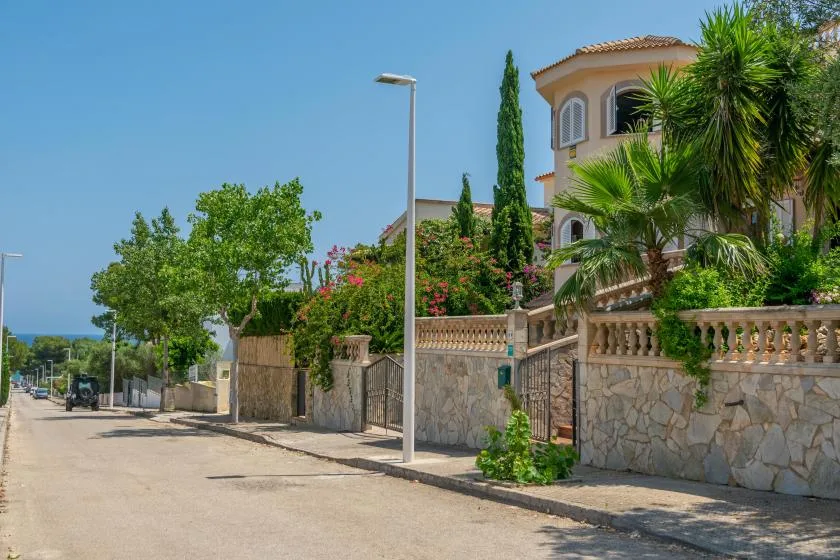Una calle residencial junto a muros de piedra, vegetación florida y una casa grande.