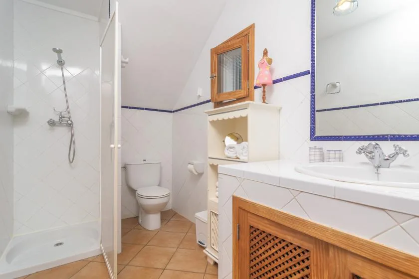 A tiled bathroom with a shower, toilet, and vanity.