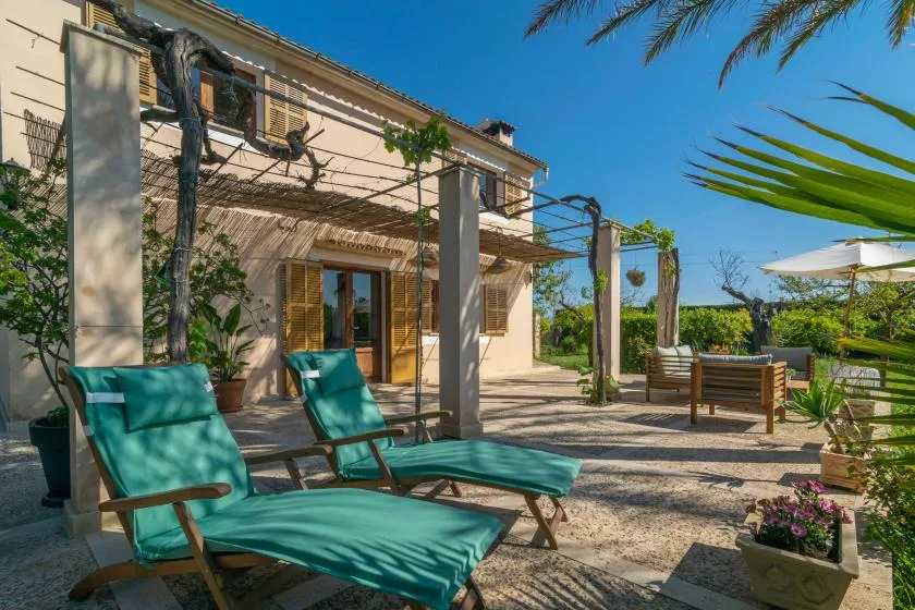 A sunny outdoor patio with cushioned lounge seating beside a house.