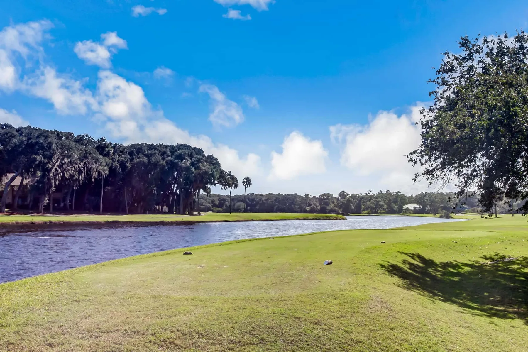A grassy bank borders a calm waterway, with trees under a blue sky.