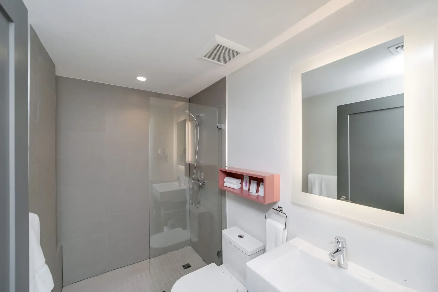Modern bathroom with a glass shower, white sink, and large mirror.