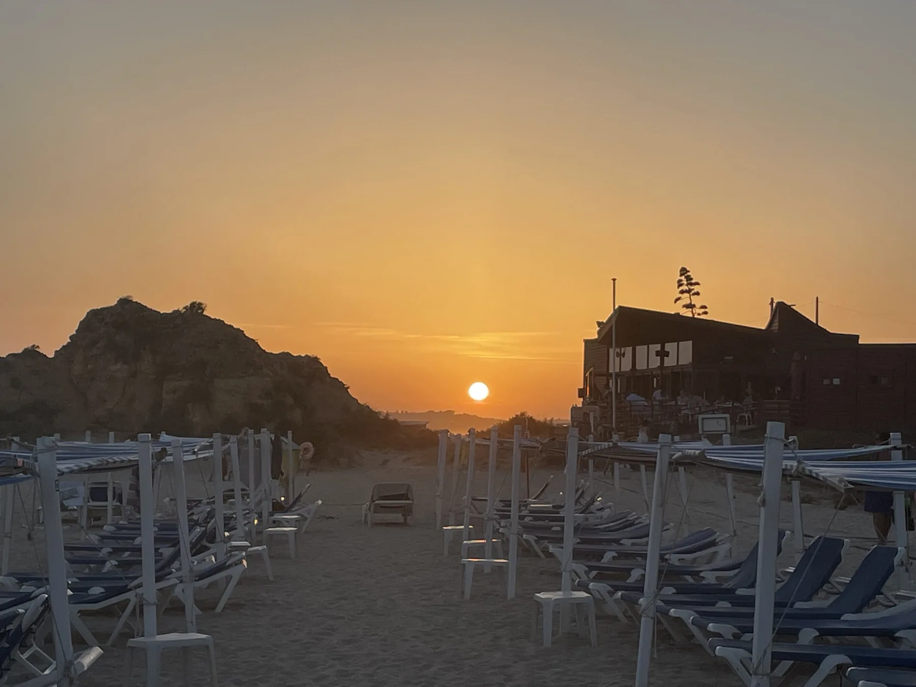 A beach at sunset with rows of lounge chairs facing the water.