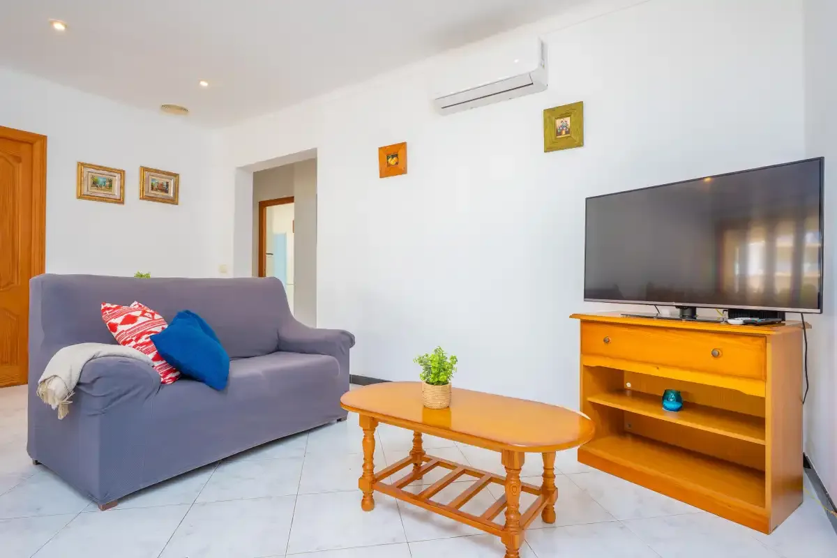 A living room with a sofa, coffee table, and television.