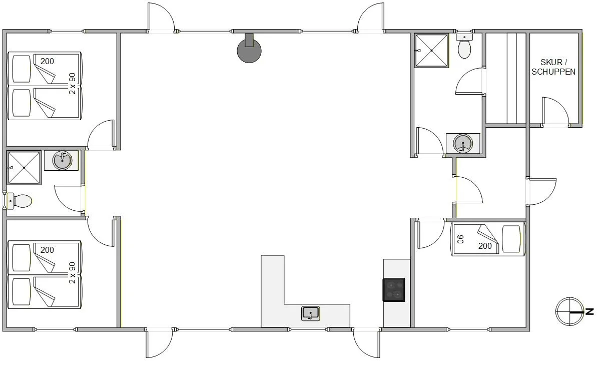Plano de una casa vacacional con dormitorios, baños y una zona central de estar.