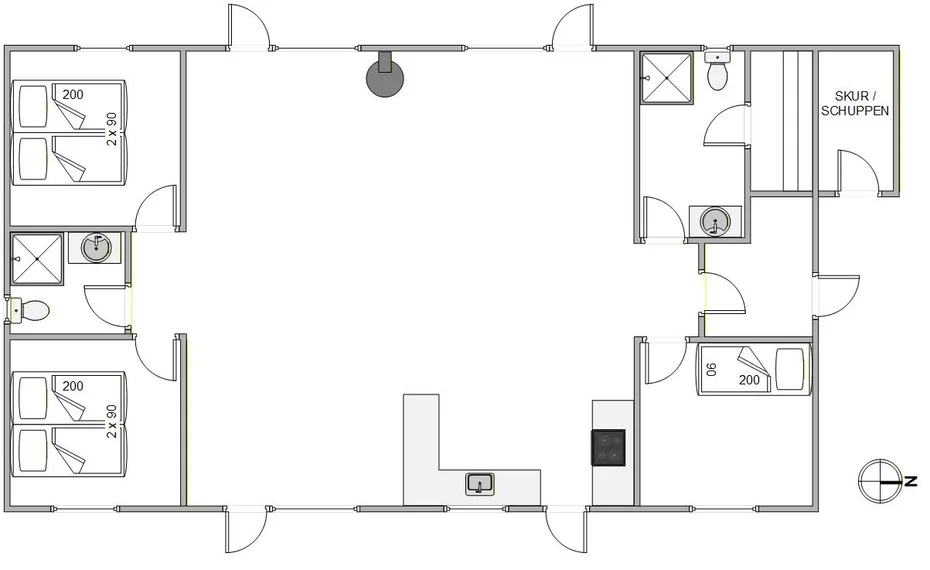 Un plano muestra varias habitaciones alrededor de una amplia zona central abierta.
