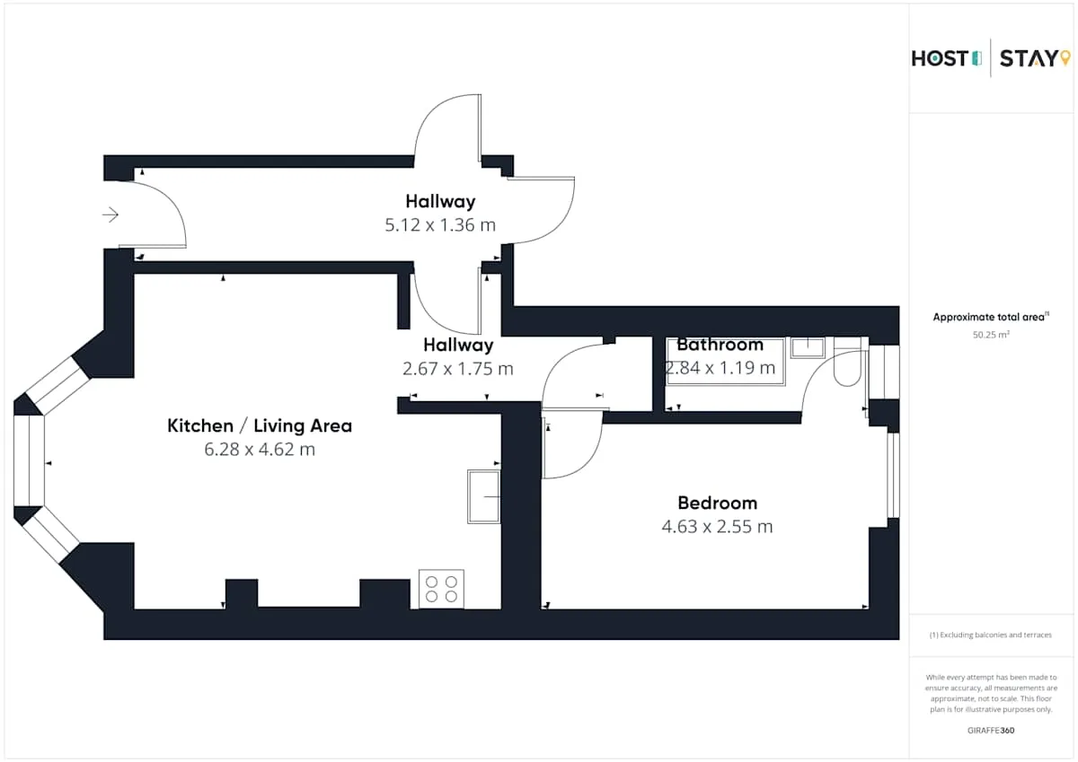 Plano de planta con cocina y sala de estar, dormitorio, baño y pasillos.