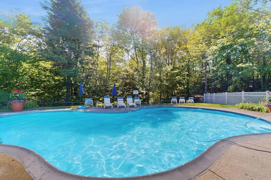 An outdoor swimming pool sits beside trees and a row of lounge chairs.