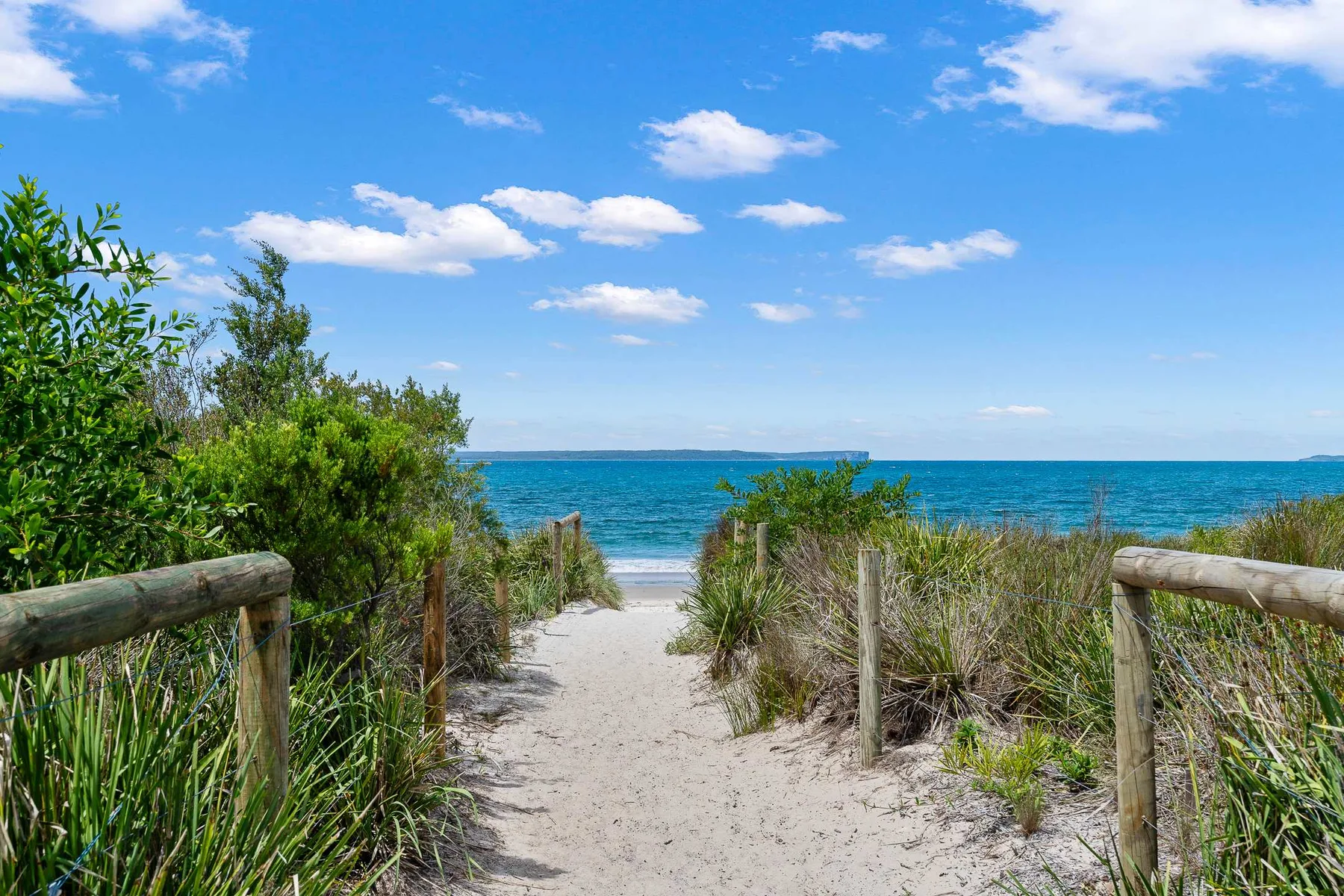 A sandy beach path passes through dune vegetation toward the ocean.