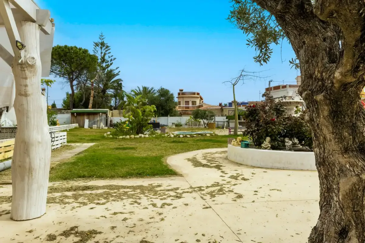 Un patio exterior con un sendero curvo, césped y árboles maduros.