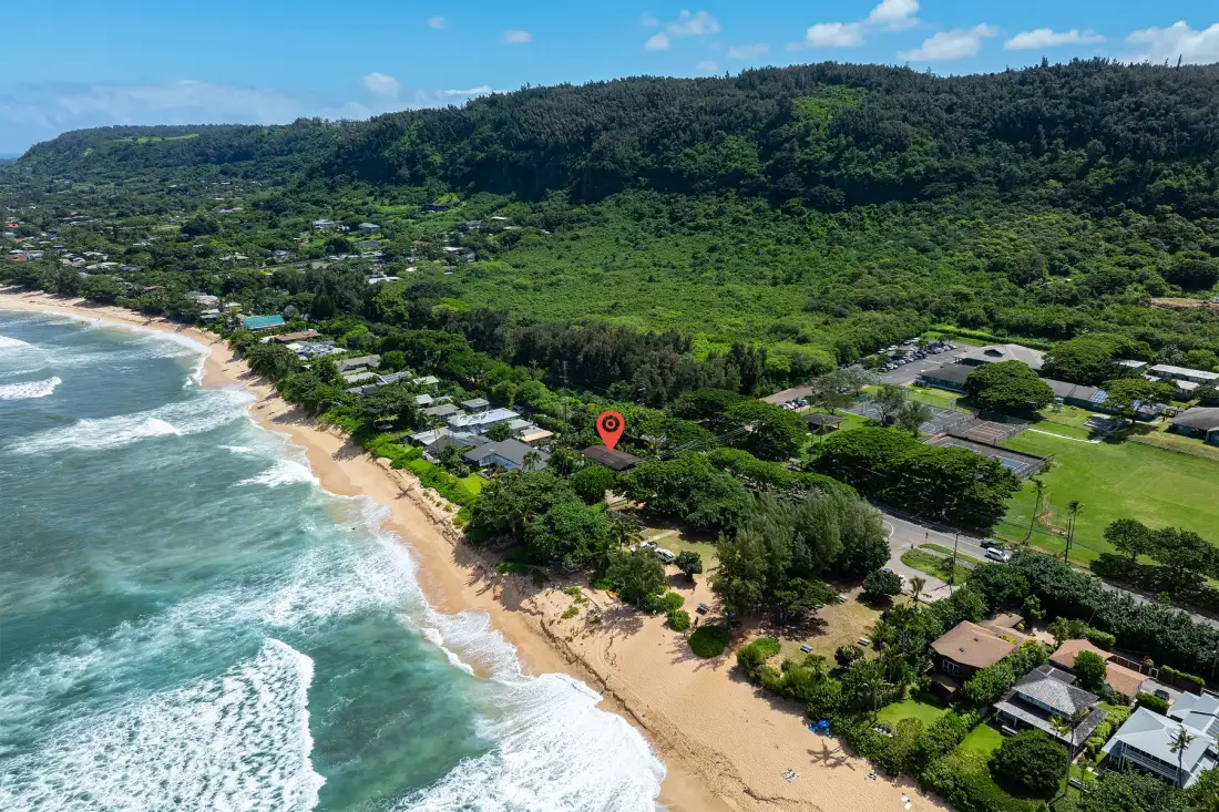Vista aérea de una costa arenosa con olas, vegetación y casas.