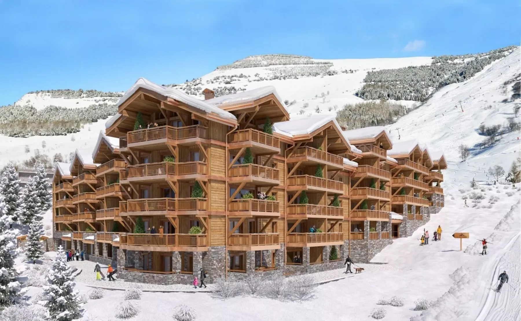Un gran edificio de apartamentos de madera se alza junto a una ladera nevada.