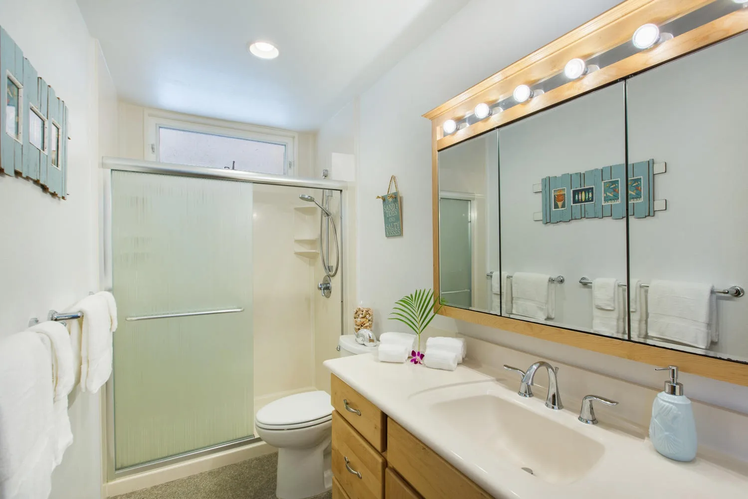 Un baño luminoso con ducha de vidrio, inodoro y un lavabo largo.