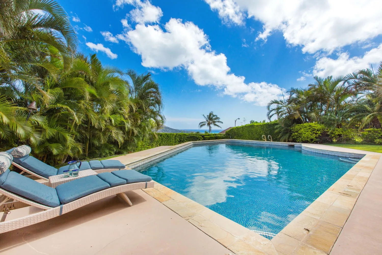 Una piscina rodeada de palmeras, con asientos junto al agua.