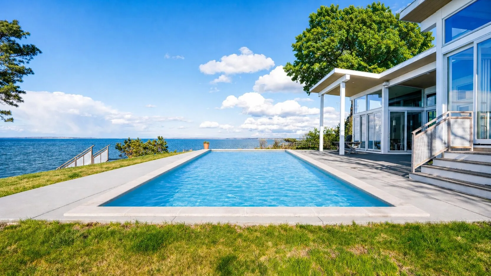 Una piscina al aire libre junto a una casa moderna, con el mar al fondo.