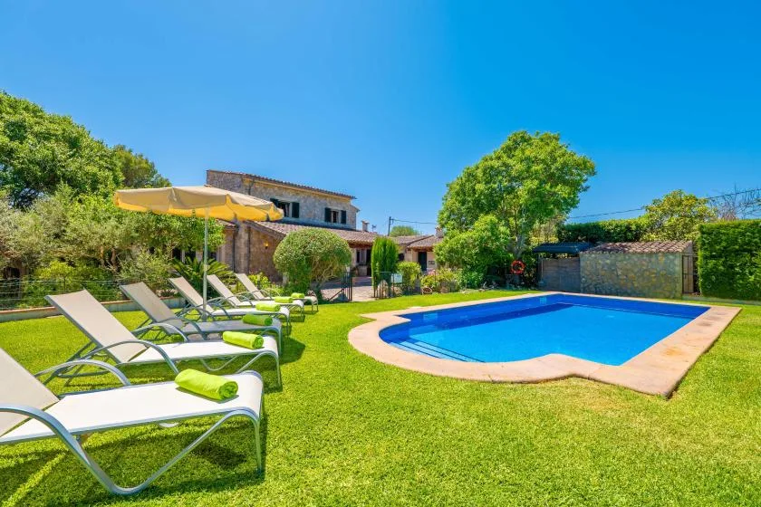 A swimming pool sits beside lawn seating in a sunny garden.
