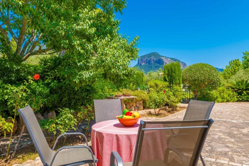An outdoor patio with seating and a round table beneath leafy trees.