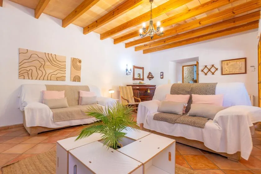 A living room with two covered sofas and a low coffee table.