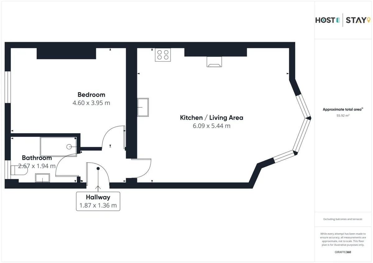 Plano de planta con dormitorio, baño, pasillo y sala de estar con cocina.