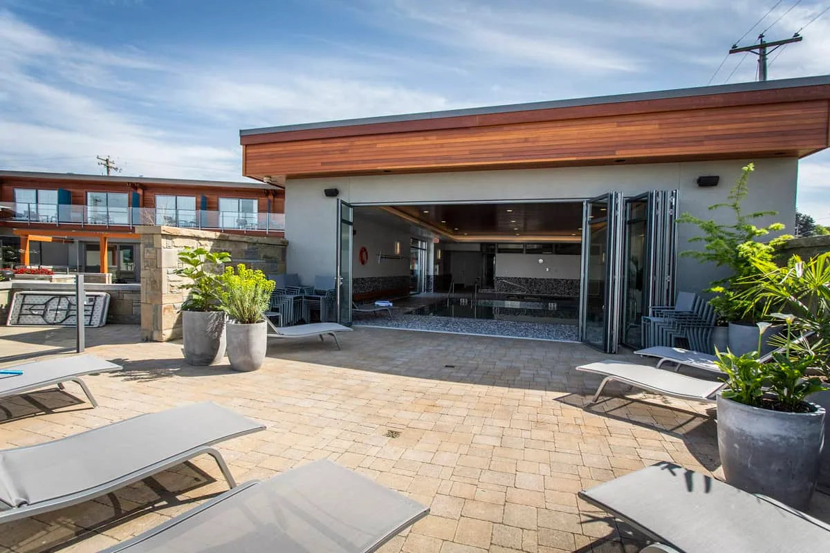 Outdoor patio area near the pool
