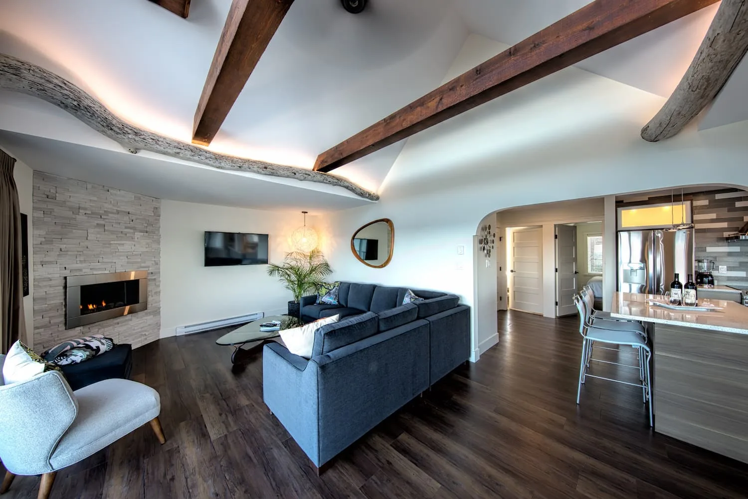 Living area with natural wood beams