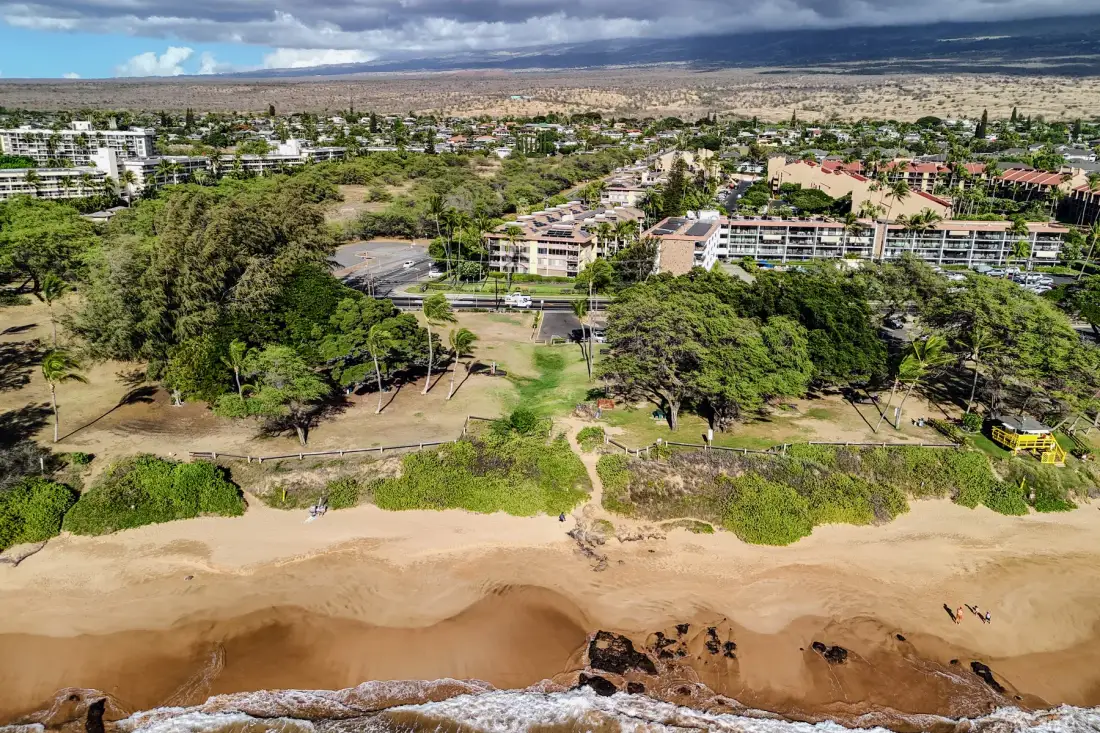 Aerial view of a sandy beach, green shoreline, and buildings inland.