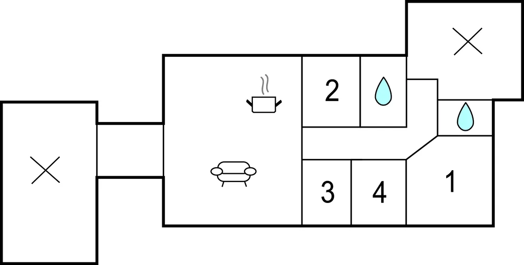 Un plano sencillo muestra habitaciones conectadas, asientos y símbolos de gotas de agua.