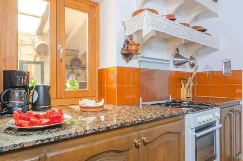 A bright kitchen with a countertop, cooking range, and orange-tiled backsplash.