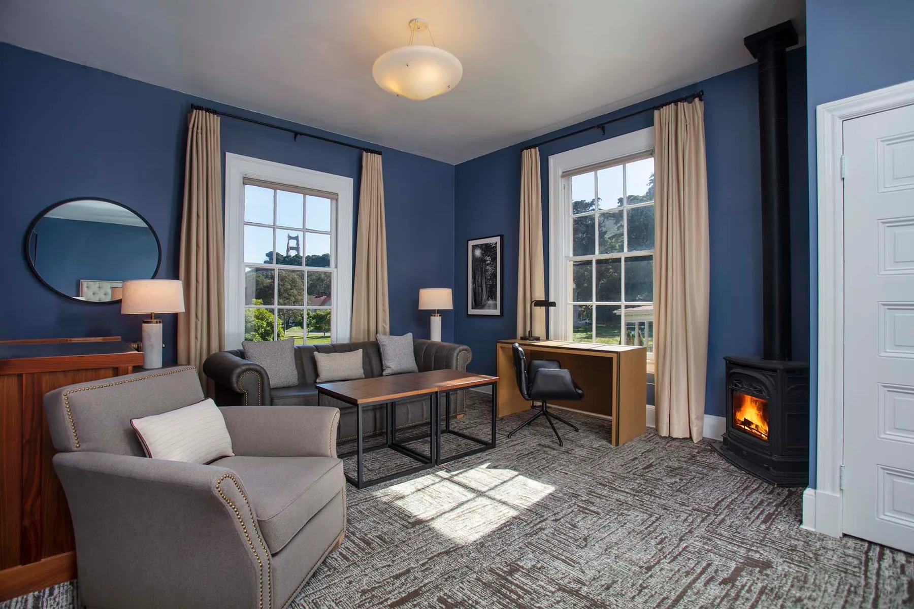 Sitting area with fireplace and Golden Gate Bridge view