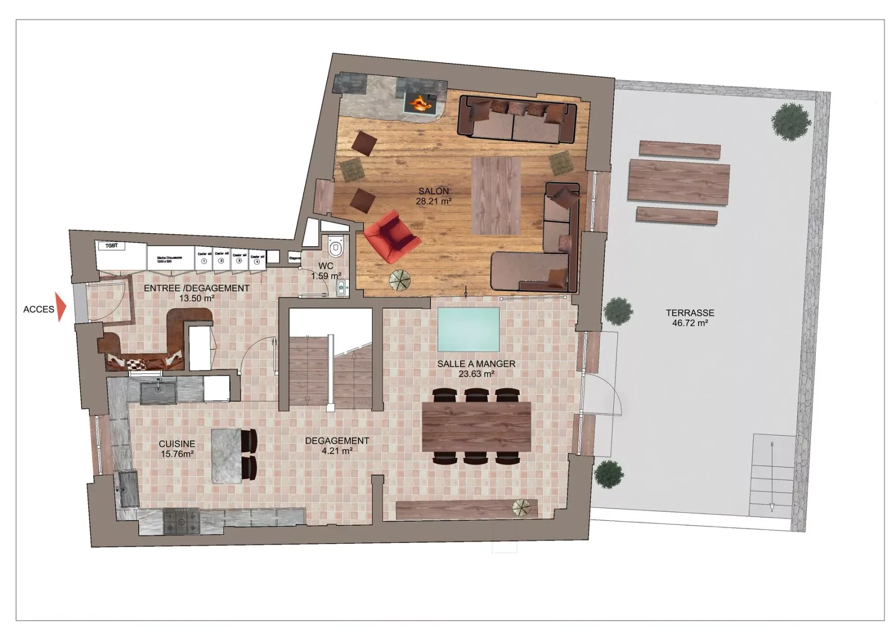 A floor plan shows a living room, kitchen, dining area, and terrace.
