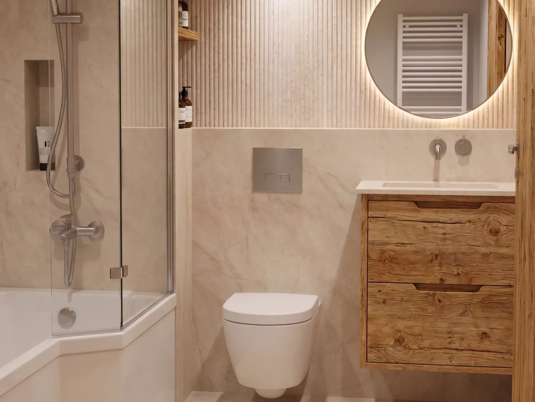 A bathroom with a shower, toilet, and wood-fronted vanity.