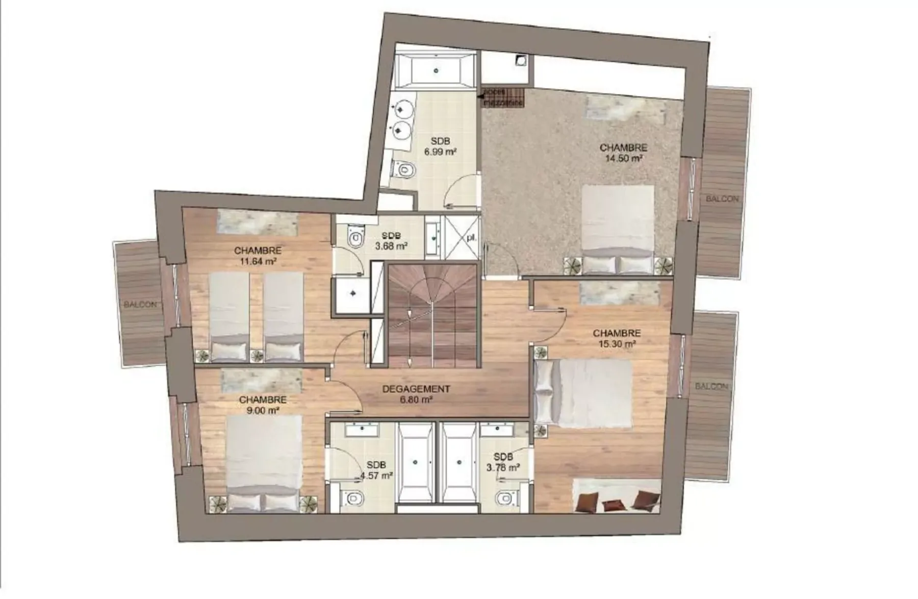 A floor plan shows several bedrooms, bathrooms, and balconies.