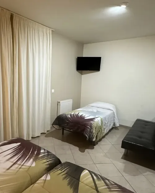 Studio bedroom with twin beds and TV