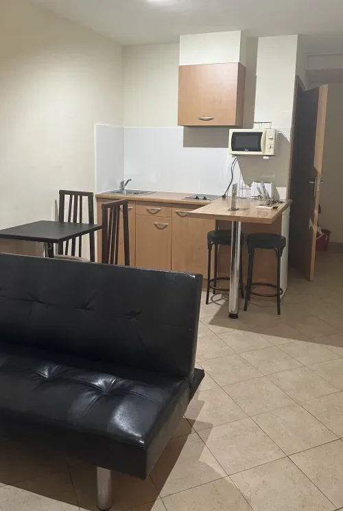 Small kitchen, dining area and sofa