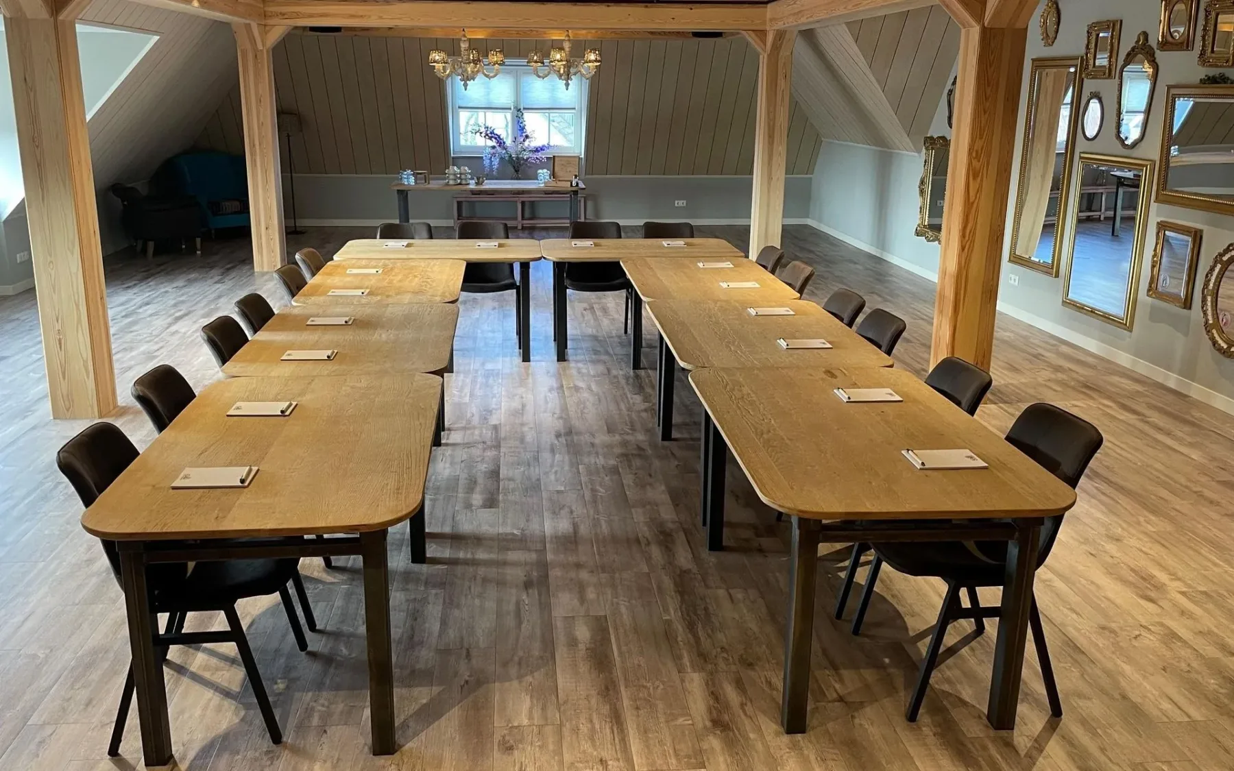Tables and chairs arranged in a meeting room.