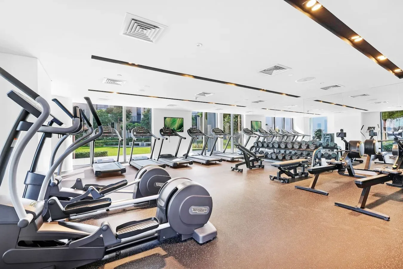 Un gimnasio luminoso con máquinas de cardio, bancos de pesas y grandes ventanas.