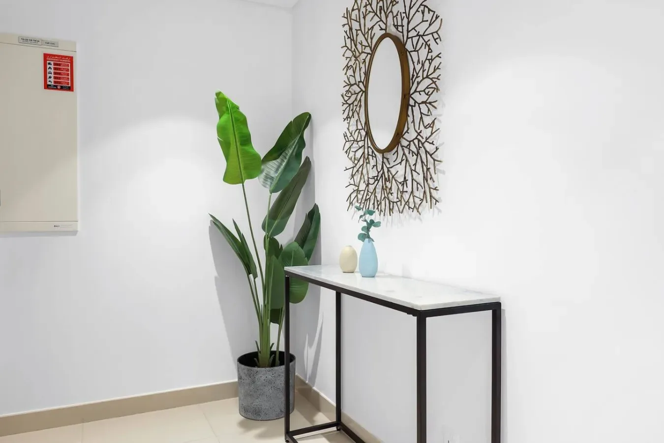 A decorative console table and potted plant sit beneath a wall mirror.