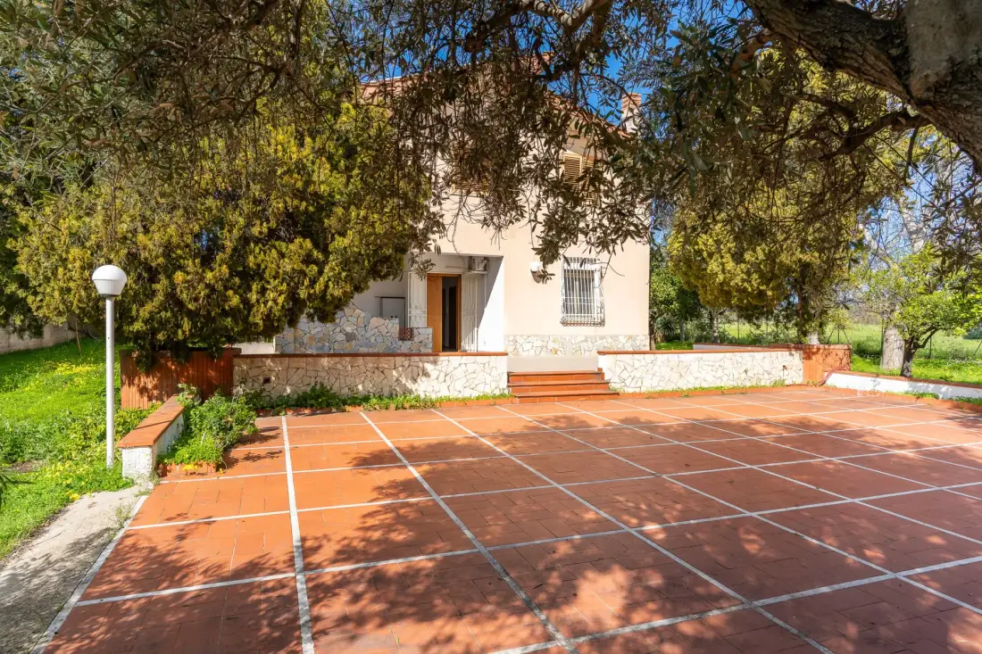 Una casa da a un patio exterior pavimentado bajo árboles frondosos.
