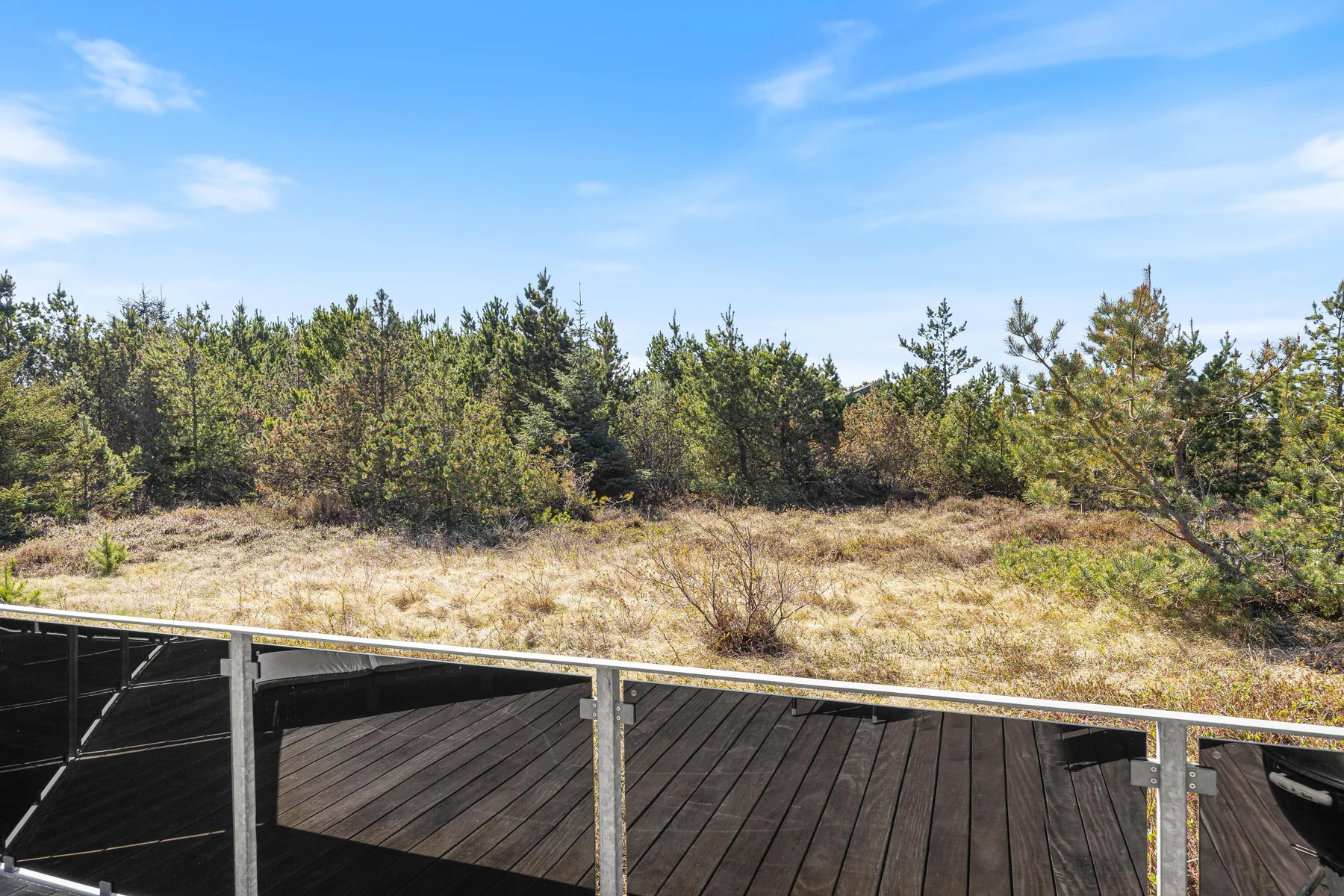 Una terraza de madera da a dunas cubiertas de hierba y una línea de árboles bajo el cielo azul.