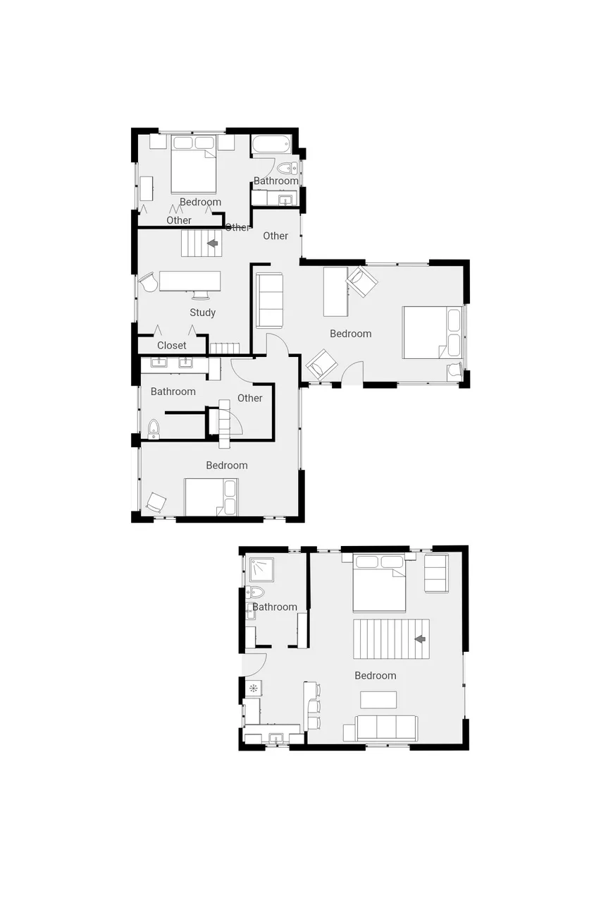 A floor plan shows several bedrooms, bathrooms, and a study.